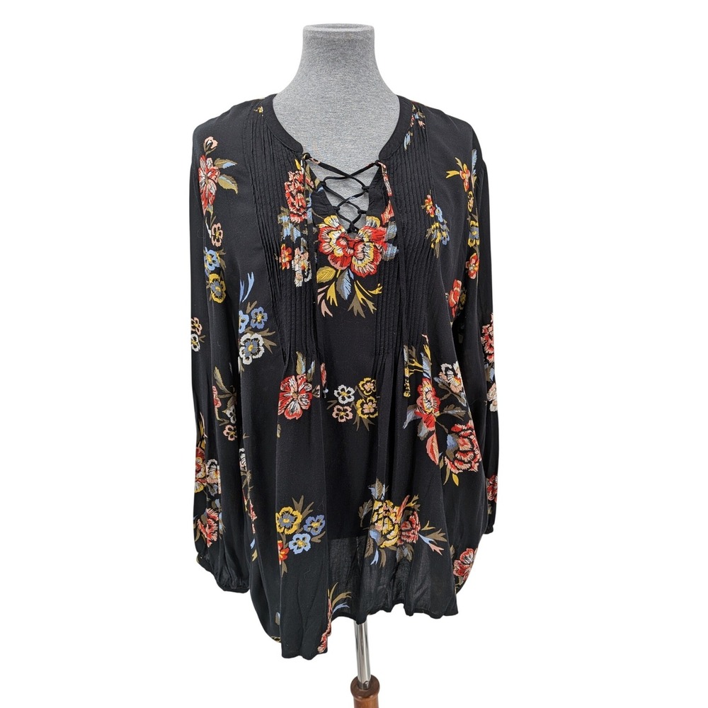Boho Prairie Summer Black Floral Lace Up Pintuck‎ Pleated Long Sleeve 2X Top - Picture 2 of 6